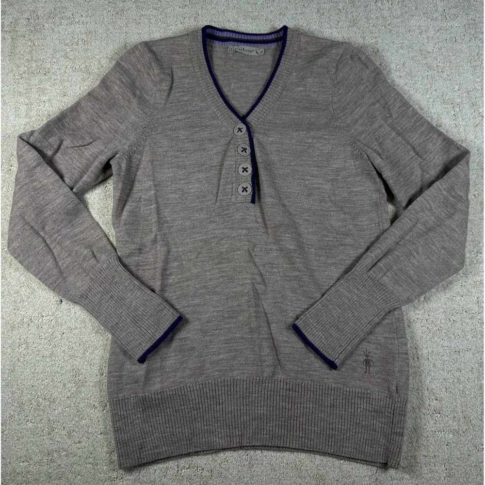 Smartwool Sweater Women's Sz Large Henley V-Neck Striped Merino Wool Brown